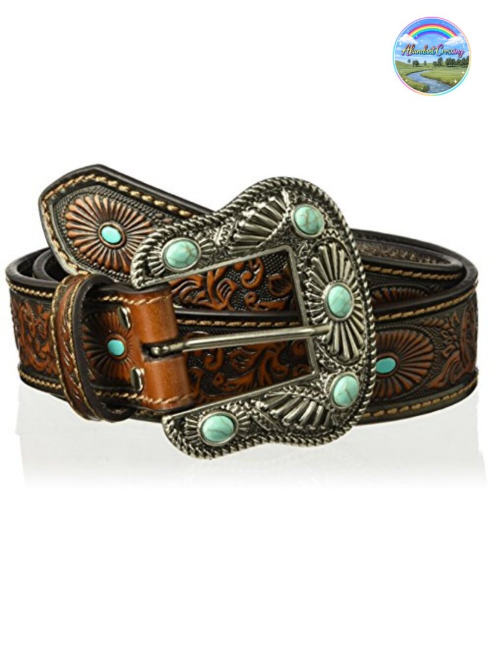 Genuine Leather Western Belt with Turquoise Buckle Triple Snap Interchangeable